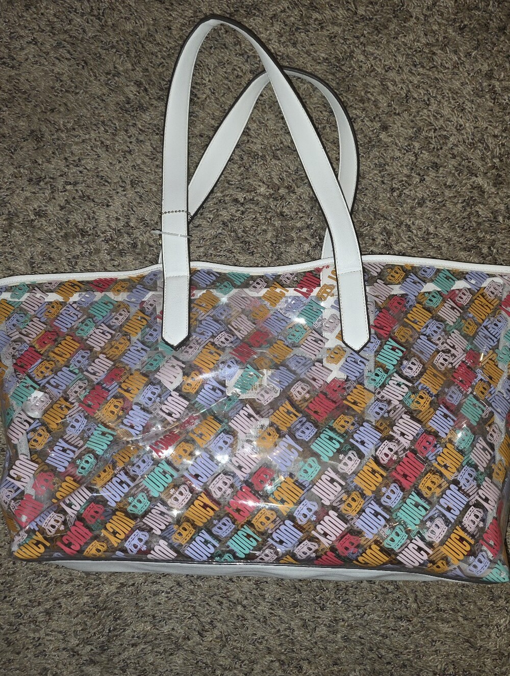 Juicy Couture White Trim Clear Tote with Multicolor Logo Print